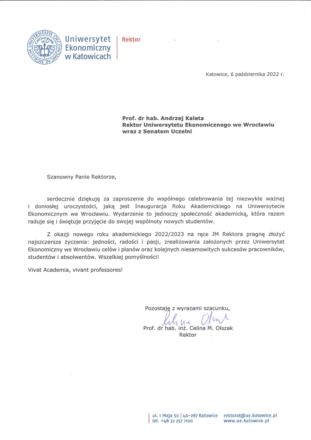 Rektor Uniwersytetu Ekonomicznego w Katowicach – prof. dr hab. inż. Celina M. Olszak