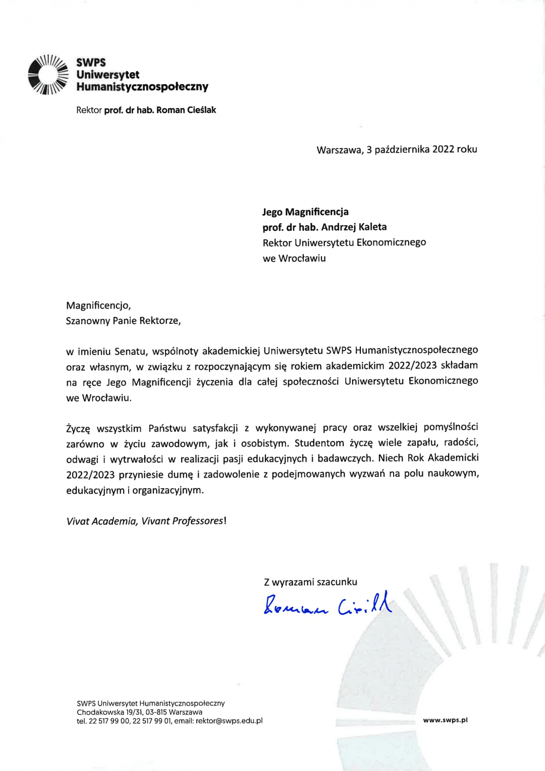 Rektor SWPS Uniwersytet Humanistycznospołeczny – prof. dr hab. Roman Cieślak