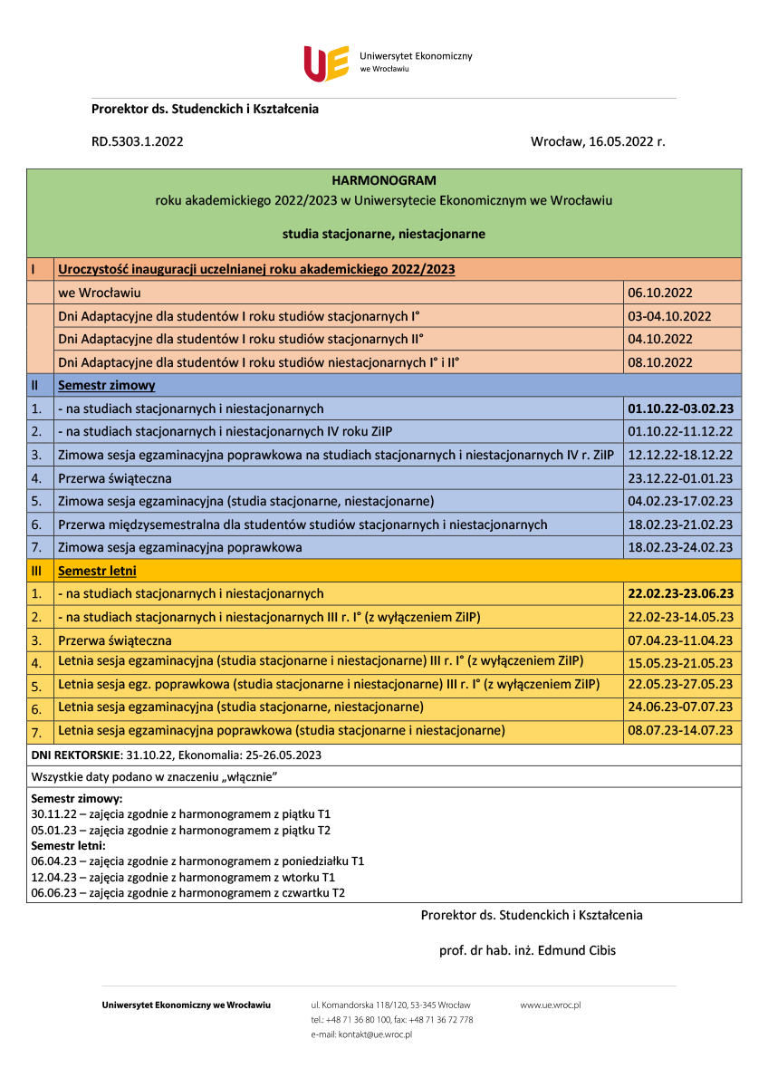 Harmonogram Roku Akademickiego-2022/2023