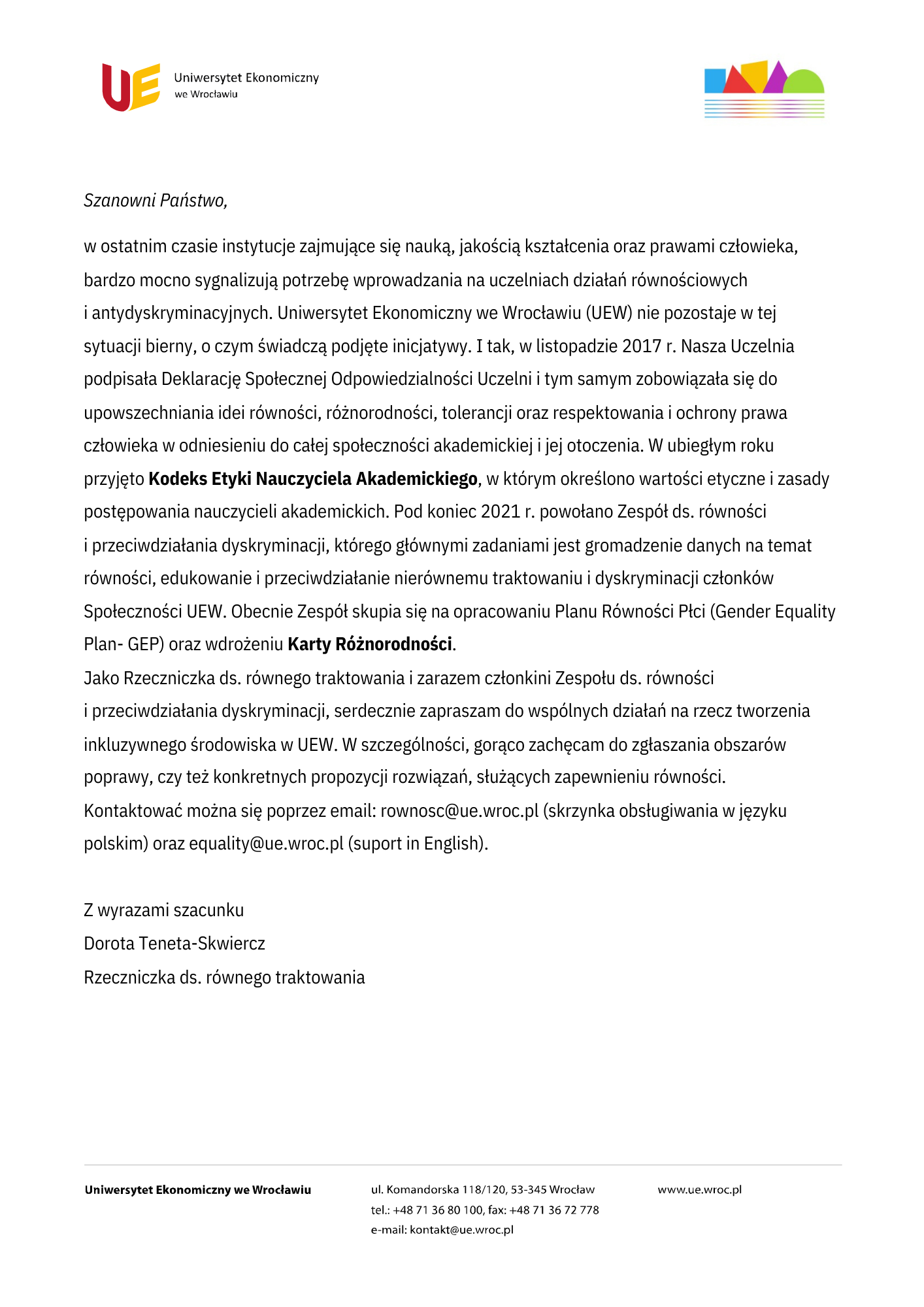 List rzeczniczki ds. równego traktowania
